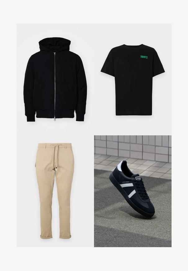 Czarna kurtka z kapturem, z suwakiem z przodu, kieszenią kangurką, ściągaczami przy mankietach i dolnym brzegu, prezentowana na jednolitym białym tle.; Czarna koszulka z bawełny z krótkim rękawem. Posiada zielone logo "ROOTS" z przodu, okrągły dekolt i standardowy krój.; Beżowe spodnie ze sznurkiem w talii o tapered fit, z bocznymi kieszeniami i mankietami u dołu, co nadaje im nowoczesny wygląd. Wykonane z lekkiego materiału.; Czarne skórzane sneakersy z białymi paskami, teksturowana gumowa podeszwa i sznurowane z przodu. Posiadają metkę marki na języku.