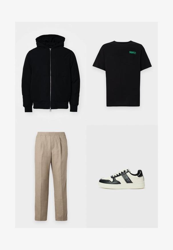 Giacca nera con cappuccio, dotata di zip frontale, tasca a marsupio, polsini e orlo a coste, esposta su uno sfondo bianco semplice.; T-shirt nera in cotone con maniche corte. Presenta un logo verde "ROOTS" sulla parte frontale, colletto rotondo e vestibilità standard.; Pantaloni beige, comodi, con vita elasticizzata, gamba dritta e due pince frontali. Realizzati in un tessuto testurizzato e intrecciato.; Sneakers in pelle con una combinazione di colori nero e crema, dotati di dettagli perforati, collare imbottito e suola testurizzata.