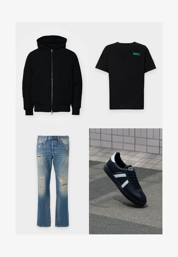 Juodas gobtuvėlis su priekiniu užtrauktuku, kengūros tipo kišene, lygiais rankogaliais ir apvadu, pateiktas ant vientiso balto fono.; Juodas medvilninis marškinėliai trumpomis rankovėmis. Priekyje yra žalias „ROOTS“ logotipas, apvalus iškirpimas ir standartinė prigludimo forma.; Šviesiai mėlyni džinsai su laisvu kirpimu, pasižymintys nusidėvėjimo detalėmis ir suplėšytais lopais, su standartiniu penkių kišenių dizainu ir mygtukų uždarymu.; Juodas odinis sportinis batelis su baltais dryžiais, tekstūruota gumine padais ir raišteliais priekyje. Yra prekės ženklą žymintis etiketė ant liežuvio.