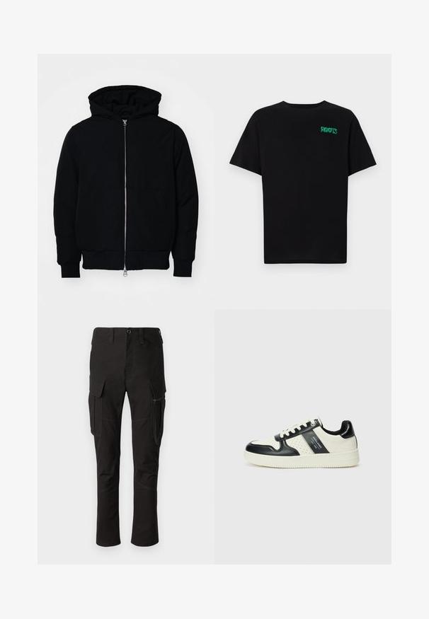 Svart hettejakke med frontglidelås, kengurulomme, ribbestrikket mansjetter og søm, vist på en ensfarget hvit bakgrunn.; svart t-skjorte laget av bomull med korte ermer. Har et grønt "ROOTS"-logo på forsiden, rund halsutringning og standard passform.; Sorte cargo-bukser med flere lommer, glidelåslomme på siden og forsterket søm, med rette ben og slitesterkt stoff.; Lædersneakers med sort og creme farveskema, der har perforerede detaljer, en polstret krave og en struktureret ydersål.
