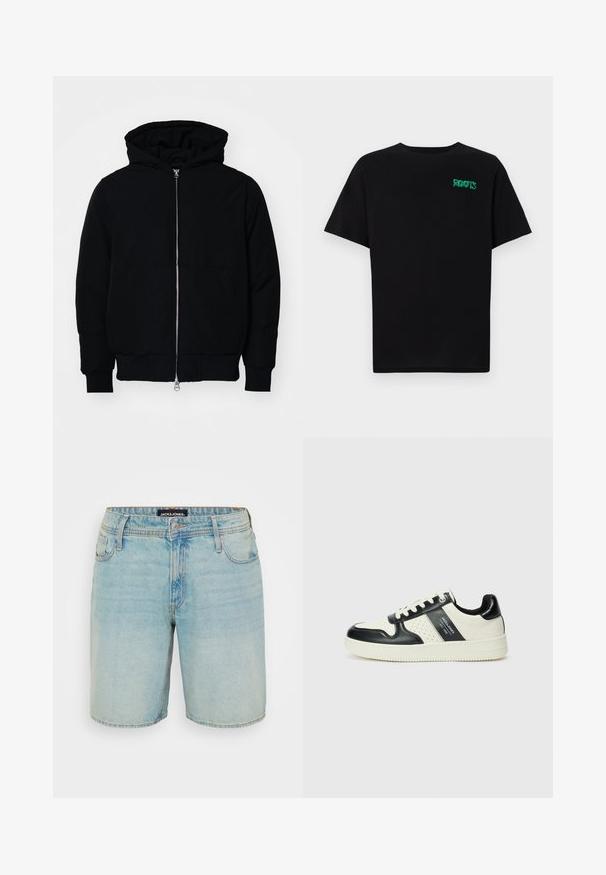 Svart hettejakke med frontglidelås, kengurulomme, ribbestrikket mansjetter og søm, vist på en ensfarget hvit bakgrunn.; svart t-skjorte laget av bomull med korte ermer. Har et grønt "ROOTS"-logo på forsiden, rund halsutringning og standard passform.; Lys blå denimshorts med et klassisk fem-lomme-design, knappestenging og en lett falmet tekstur. JACKET & JONES-merket er synlig på linningen.; Lædersneakers med sort og creme farveskema, der har perforerede detaljer, en polstret krave og en struktureret ydersål.
