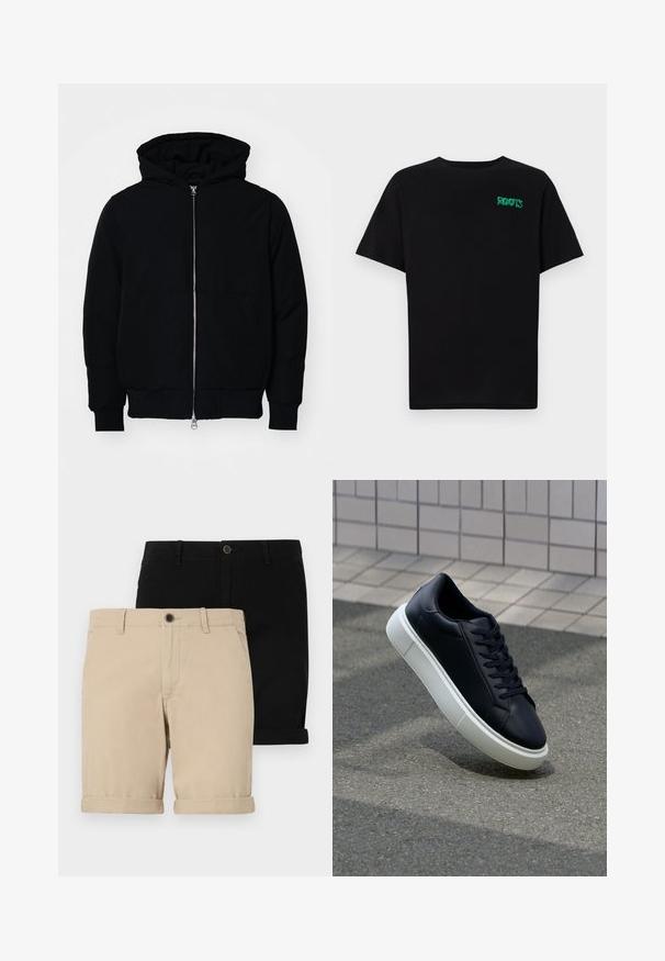 Čierna kapucňová bunda s predným zipsom, klokaními vreckami, rebrovanými manžetami a lemom, zobrazená na bielom pozadí.; Čierne tričko s krátkymi rukávmi vyrobené z bavlny. Na prednej strane má zelené logo "ROOTS", okrúhly výstrih a štandardný strih.; Dva páry krátkych nohavíc: jedny béžové a jedny čierne, vyrobené z hladkej látky, s predným gombíkom a klasickým dizajnom.; Čierne kožené tenisky s okrúhlou špičkou a bielou gumovou podrážkou. Majú ploché šnúrky a minimálne šitie na vrchu. Textúrovaná podrážka pre lepšiu priľnavosť.