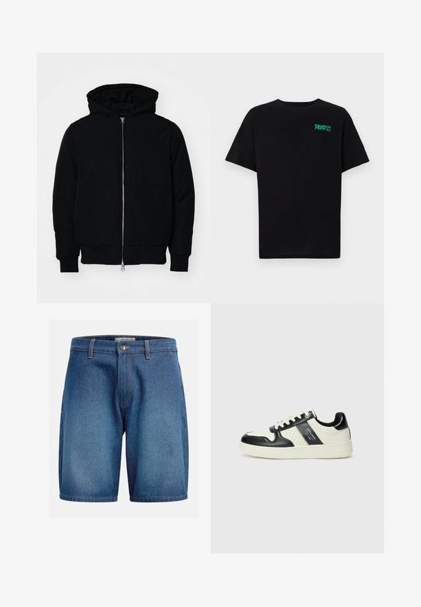 Giacca nera con cappuccio, dotata di zip frontale, tasca a marsupio, polsini e orlo a coste, esposta su uno sfondo bianco semplice.; T-shirt nera in cotone con maniche corte. Presenta un logo verde "ROOTS" sulla parte frontale, colletto rotondo e vestibilità standard.; Pantaloni corti in denim con un lavaggio blu scuro, design classico a cinque tasche, chiusura con zip e bottone, e cuciture a contrasto.; Sneakers in pelle con una combinazione di colori nero e crema, dotati di dettagli perforati, collare imbottito e suola testurizzata.