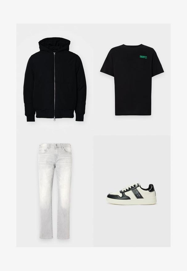 Juodas gobtuvėlis su priekiniu užtrauktuku, kengūros tipo kišene, lygiais rankogaliais ir apvadu, pateiktas ant vientiso balto fono.; Juodas medvilninis marškinėliai trumpomis rankovėmis. Priekyje yra žalias „ROOTS“ logotipas, apvalus iškirpimas ir standartinė prigludimo forma.; Šviesiai pilki džinsai su tiesiu kirpimu, švelniu pradingimu, priekinėmis kišenėmis ir viena galine kišene. Klasikinis mygtukų ir užtrauktuko uždarymas.; Odiniai sportbačiai juodos ir kreminės spalvų schemoje, su perforuotais akcentais, paminkštinta apykakle ir tekstūruotu padu.