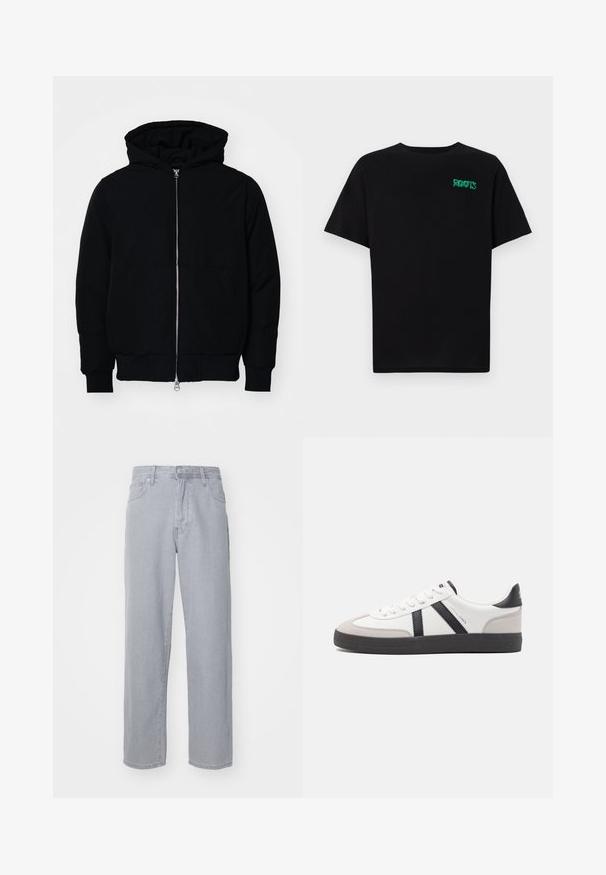 Sort hættejakke med frontlynlås, kængurulomme, ribbede manchetter og kant, præsenteret på en ensfarvet hvid baggrund.; Sort t-shirt lavet af bomuld med korte ærmer. Har et grønt "ROOTS" logo på forsiden, rund halsudskæring og almindelig pasform.; Lys grå denim jeans med lige ben-design, fem lommer, bæltestropper og knaplukning. Glat tekstur uden synlige mønstre.; Hvide sneakers med sorte og grå detaljer, med en tekstureret grå tåhætte, sort gummisål og flade hvide snørebånd. Rent design, minimalistisk stil.
