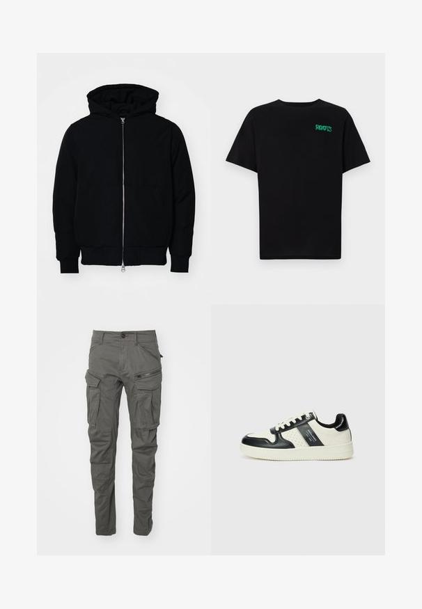 Black hooded jacket with front zipper, kangaroo pocket, ribbed cuffs, and hem, displayed on a plain white background.; Black t-shirt made of cotton with short sleeves. Features a green "ROOTS" logo on the front, round neckline, and standard fit.; Gray cargo pants made of durable fabric, featuring multiple pockets, zippered accents, a button closure, and a tapered leg design.; Leather sneakers with a black and cream color scheme, featuring perforated accents, a padded collar, and a textured outsole.