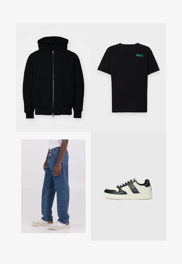 Giacca nera con cappuccio, dotata di zip frontale, tasca a marsupio, polsini e orlo a coste, esposta su uno sfondo bianco semplice.; T-shirt nera in cotone con maniche corte. Presenta un logo verde "ROOTS" sulla parte frontale, colletto rotondo e vestibilità standard.; Jeans in denim blu chiaro con una vestibilità rilassata, design a cinque tasche e chiusura con bottoni, abbinati a una camicia bianca semplice e sneakers bianche.; Sneakers in pelle con una combinazione di colori nero e crema, dotati di dettagli perforati, collare imbottito e suola testurizzata.