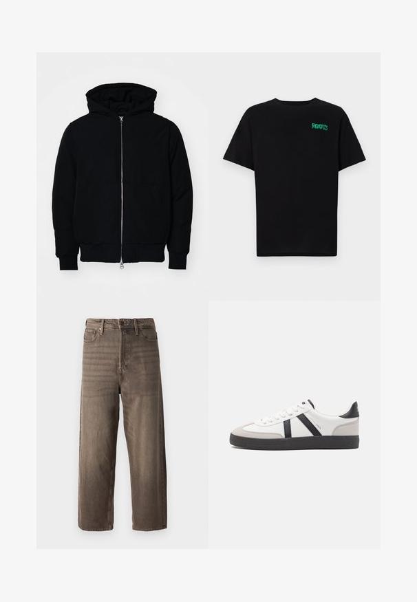 Juodas gobtuvėlis su priekiniu užtrauktuku, kengūros tipo kišene, lygiais rankogaliais ir apvadu, pateiktas ant vientiso balto fono.; Juodas medvilninis marškinėliai trumpomis rankovėmis. Priekyje yra žalias „ROOTS“ logotipas, apvalus iškirpimas ir standartinė prigludimo forma.; Rudos platūs džinsai, pagaminti iš džinsinio audinio. Yra užtrauktukas, diržo kilpos ir penki kišenės. Audinys atrodo išblukęs, su tekstūrine išvaizda.; Balti sportbačiai su juodais ir pilkais akcentais, pasižymintys tekstūruotu pilku pirštų dangteliu, juoda gumine padais ir plokščiomis baltomis raišteliais. Švarus dizainas, minimalistinis stilius.