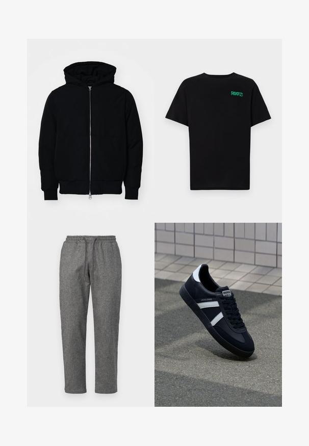 Juodas gobtuvėlis su priekiniu užtrauktuku, kengūros tipo kišene, lygiais rankogaliais ir apvadu, pateiktas ant vientiso balto fono.; Juodas medvilninis marškinėliai trumpomis rankovėmis. Priekyje yra žalias „ROOTS“ logotipas, apvalus iškirpimas ir standartinė prigludimo forma.; Pilki, megzti sportiniai džinsai su raišteliu juosmenyje, siaurėjančiomis kojomis ir subtiliu tekstūriniu raštu visame audinyje.; Juodas odinis sportinis batelis su baltais dryžiais, tekstūruota gumine padais ir raišteliais priekyje. Yra prekės ženklą žymintis etiketė ant liežuvio.