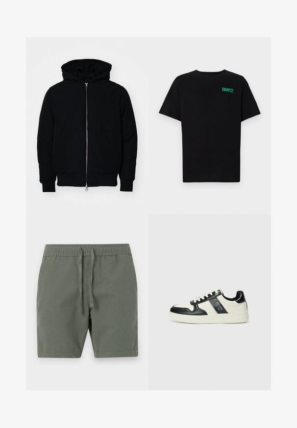 Black hooded jacket with front zipper, kangaroo pocket, ribbed cuffs, and hem, displayed on a plain white background.; Black t-shirt made of cotton with short sleeves. Features a green "ROOTS" logo on the front, round neckline, and standard fit.; Olive green shorts made of textured fabric, featuring an elastic waistband with adjustable drawstrings and a relaxed fit.; Leather sneakers with a black and cream color scheme, featuring perforated accents, a padded collar, and a textured outsole.