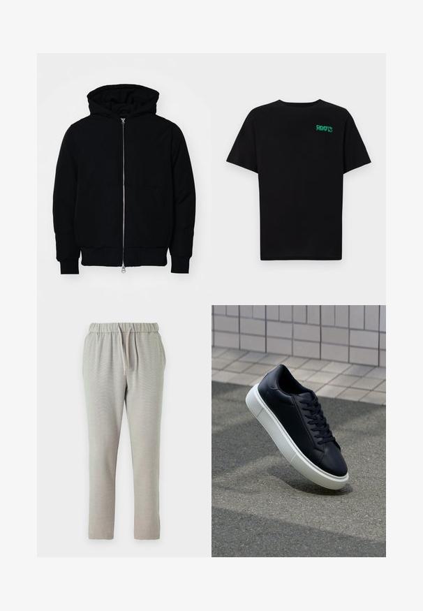 Veste à capuche noire avec fermeture éclair sur le devant, poche kangourou, poignets et ourlet côtelés, présentée sur un fond blanc uni.; T-shirt noir en coton à manches courtes. Présente un logo "ROOTS" vert sur le devant, un col rond et une coupe standard.; Pantalons de survêtement gris clair avec une taille élastique dotée d'un cordon de serrage, des jambes effilées et un tissu texturé pour un confort accru.; Baskets noires en cuir avec bout arrondi et semelle en caoutchouc blanc. Elles présentent des lacets plats et une couture minimale sur la tige. Semelle texturée pour une bonne adhérence.