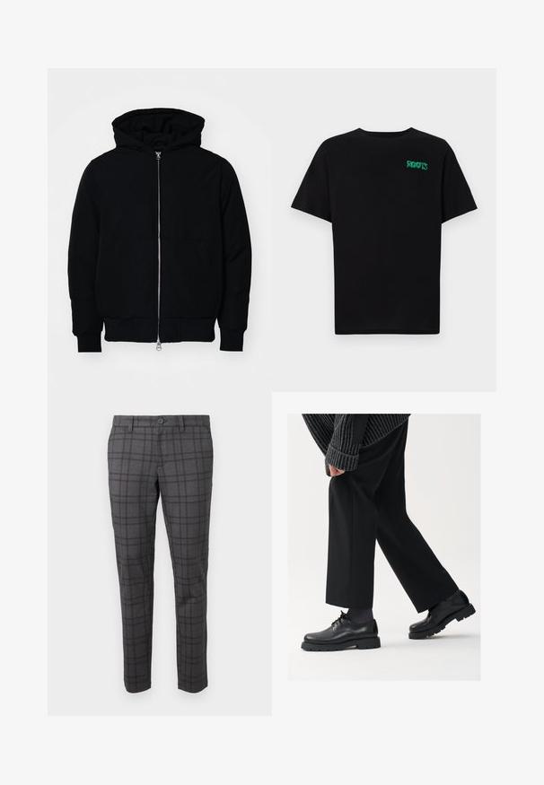 Melna kapucēta jaka ar priekšējo rāvējslēdzēju, kenguru kabatu, ribinātām aprocēm un apakšmalu, parādīta uz vienkārša balta fona.; Melna kokvilnas t-kreka ar īsām piedurknēm. Uz priekšu ir zaļa "ROOTS" logo, apaļa kakla izgriezums un standarta piegriezums.; Pelēko laukumu bikses, izgatavotas no teksturēta auduma, ar slaidu piegriezumu, jostu cilpām un vienu pogu aizdari jostasvietā.; Melni ādas apavi ar noapaļotu purngalu, aukliņu dizainu un biezu, teksturētu zoli. Valkāti ar piegrieztām melnām biksēm un ribotu džempera.