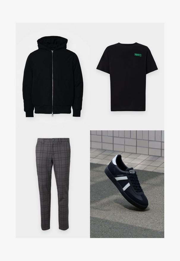 Čierna kapucňová bunda s predným zipsom, klokaními vreckami, rebrovanými manžetami a lemom, zobrazená na bielom pozadí.; Čierne tričko s krátkymi rukávmi vyrobené z bavlny. Na prednej strane má zelené logo "ROOTS", okrúhly výstrih a štandardný strih.; Šedé kockované nohavice vyrobené z textúrovanej látky, sú slim fit, majú pútká na opasok a jediné gombík na zapínanie v páse.; Čierne kožené tenisky s bielymi pruhmi, textúrovanou gumovou podrážkou a šnurovaním vpredu. Obsahujú označenie značky na jazyku.