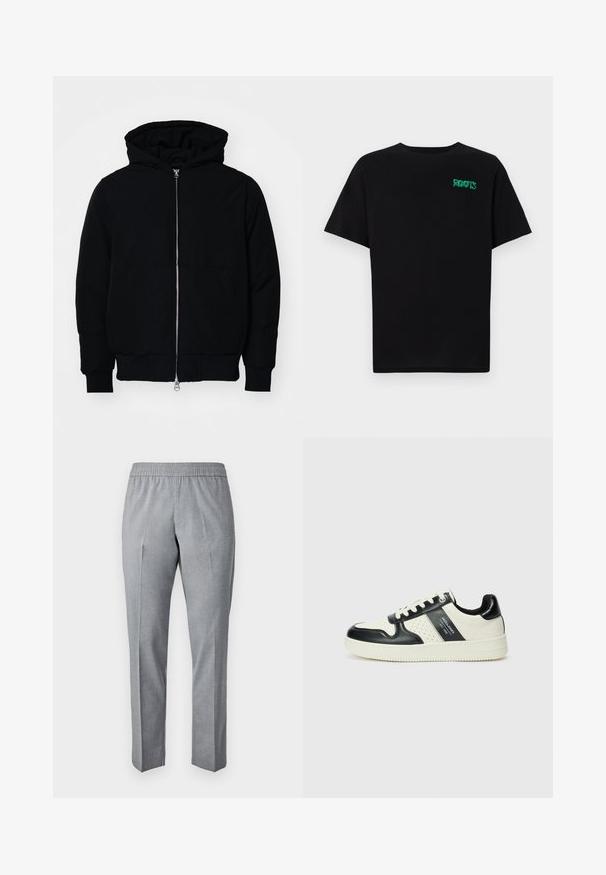 Zwarte hoodie met rits aan de voorkant, kangoeroe-pocket, geribbelde manchetten en zoom, weergegeven op een effen witte achtergrond.; Zwarte T-shirt van katoen met korte mouwen. Heeft een groen "ROOTS" logo op de voorkant, een ronde halslijn en een standaard pasvorm.; Grijze, geweven broek met een elastische tailleband, rechte snit en een plooi aan de voorkant. De stof textuur lijkt glad en lichtgewicht.; Leren sneakers met een zwart en crèmekleurig kleurenschema, voorzien van geperforeerde accenten, een gevoerde kraag en een gestructureerde buitenzool.