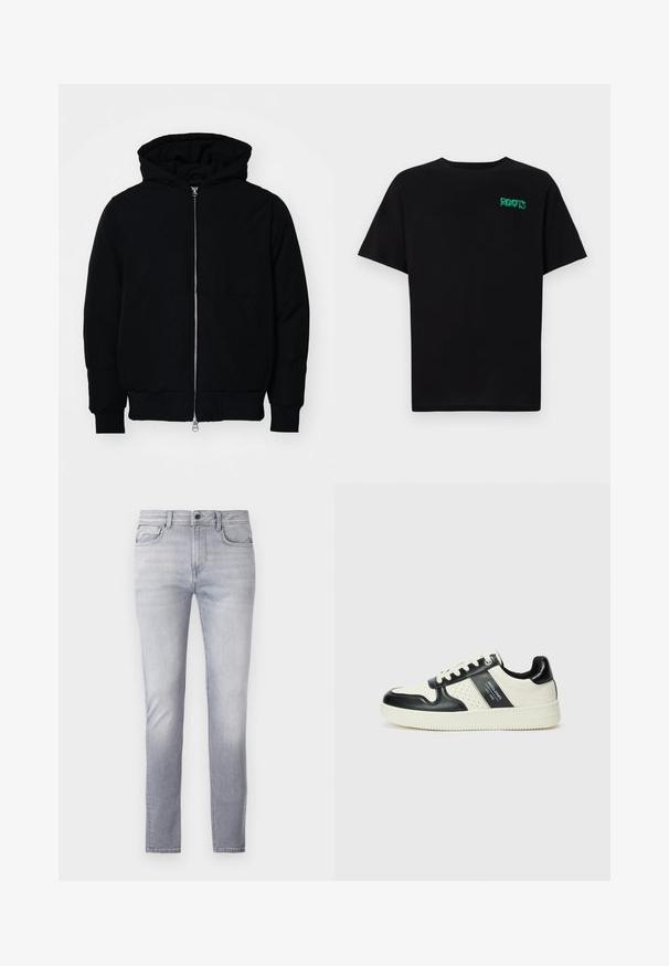 Juodas gobtuvėlis su priekiniu užtrauktuku, kengūros tipo kišene, lygiais rankogaliais ir apvadu, pateiktas ant vientiso balto fono.; Juodas medvilninis marškinėliai trumpomis rankovėmis. Priekyje yra žalias „ROOTS“ logotipas, apvalus iškirpimas ir standartinė prigludimo forma.; Šviesiai pilkos džinsinės kelnės su tiesiu įsiliejimu, penkiais kišenėmis, mygtuko ir užtrauktuko uždarymu, ir lengvu išblukimu šlaunų srityje.; Odiniai sportbačiai juodos ir kreminės spalvų schemoje, su perforuotais akcentais, paminkštinta apykakle ir tekstūruotu padu.