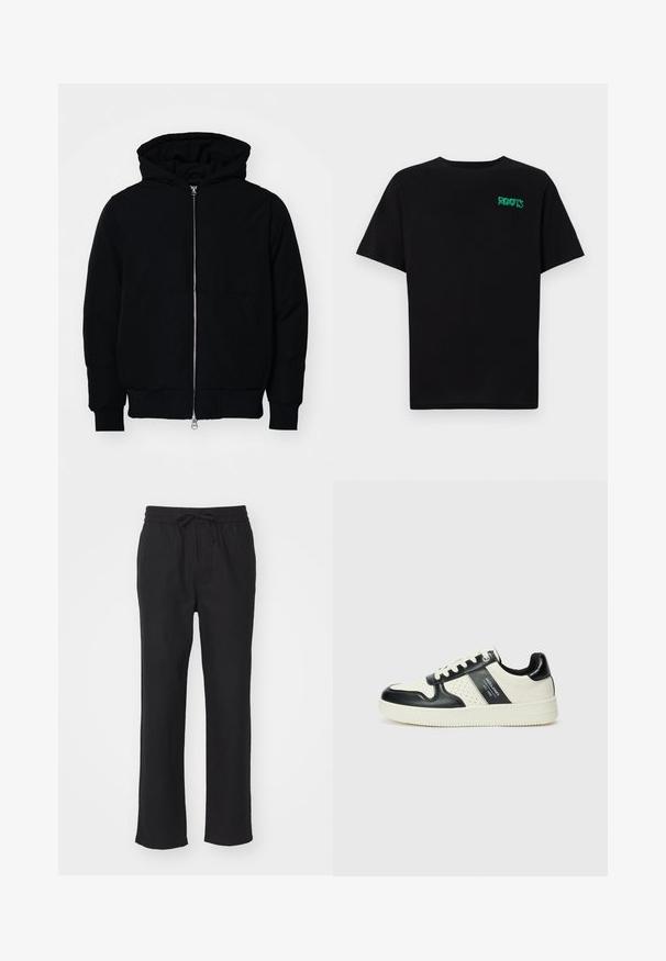 Czarna kurtka z kapturem, z suwakiem z przodu, kieszenią kangurką, ściągaczami przy mankietach i dolnym brzegu, prezentowana na jednolitym białym tle.; Czarna koszulka z bawełny z krótkim rękawem. Posiada zielone logo "ROOTS" z przodu, okrągły dekolt i standardowy krój.; Czarne, proste spodnie wykonane z miękkiej tkaniny, z elastycznym pasem i regulowanym sznurkiem. Bez kieszeni ani widocznych wzorów.; Skórzane sneakersy w czarno-kremowym schemacie kolorystycznym, z perforowanymi akcentami, wyściełanym kołnierzem i teksturowaną podeszwą.