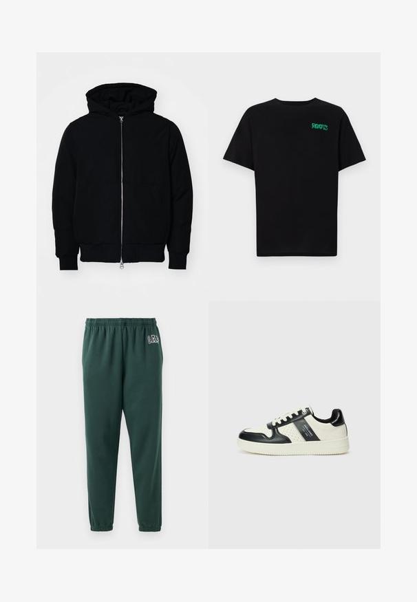 Svart hettejakke med frontglidelås, kengurulomme, ribbestrikket mansjetter og søm, vist på en ensfarget hvit bakgrunn.; svart t-skjorte laget av bomull med korte ermer. Har et grønt "ROOTS"-logo på forsiden, rund halsutringning og standard passform.; Grønne joggebukser laget av mykt stoff, med elastisk midjebånd, smalnet ben og en liten GAP-logo på venstre hofte.; Lædersneakers med sort og creme farveskema, der har perforerede detaljer, en polstret krave og en struktureret ydersål.