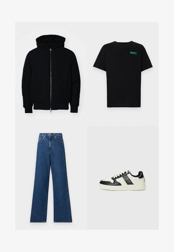 Crna kapuška jakna s prednjim zatvaračem, kenguru džepom, rebrastim manžetama i rubom, prikazana na običnoj bijeloj pozadini.; Crna majica kratkih rukava od pamuka. Na prednjem dijelu se nalazi zeleni "ROOTS" logo, okrugli izrez i standardni kroj.; Široke plave traperice s visokim strukom, s petljama za remen i prednjim džepovima. Tkanina ima glatku teksturu i minimalne šavove.; Kožne tenisice s crno-bijelom paletom boja, koje imaju perforirane akcentne detalje, podstavljeni ovratnik i teksturiranu potplat.