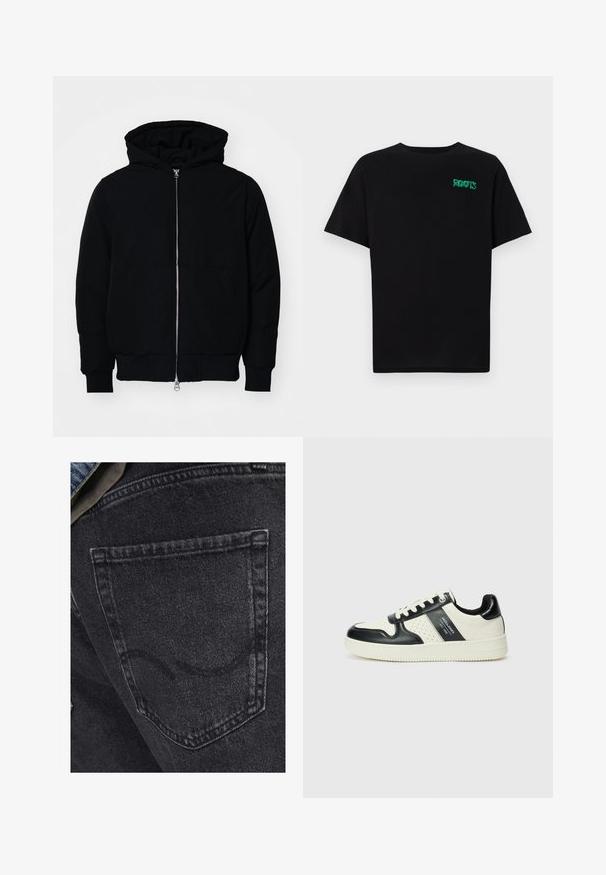 Giacca nera con cappuccio, dotata di zip frontale, tasca a marsupio, polsini e orlo a coste, esposta su uno sfondo bianco semplice.; T-shirt nera in cotone con maniche corte. Presenta un logo verde "ROOTS" sulla parte frontale, colletto rotondo e vestibilità standard.; Jeans in denim nero con una tasca posteriore caratterizzata da dettagli di cucitura sottili. La texture è leggermente usurata con una finitura morbida e sbiadita.; Sneakers in pelle con una combinazione di colori nero e crema, dotati di dettagli perforati, collare imbottito e suola testurizzata.