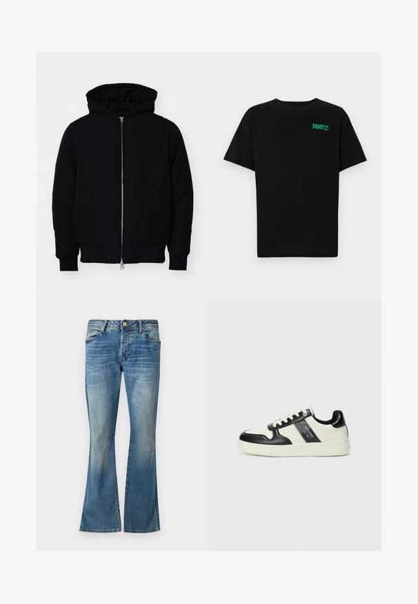 Giacca nera con cappuccio, dotata di zip frontale, tasca a marsupio, polsini e orlo a coste, esposta su uno sfondo bianco semplice.; T-shirt nera in cotone con maniche corte. Presenta un logo verde "ROOTS" sulla parte frontale, colletto rotondo e vestibilità standard.; Jeans blu a zampa d'elefante realizzati in denim con un lavaggio sbiadito. Presentano cinque passanti per la cintura, una chiusura con bottone e dettagli di cucitura classica.; Sneakers in pelle con una combinazione di colori nero e crema, dotati di dettagli perforati, collare imbottito e suola testurizzata.