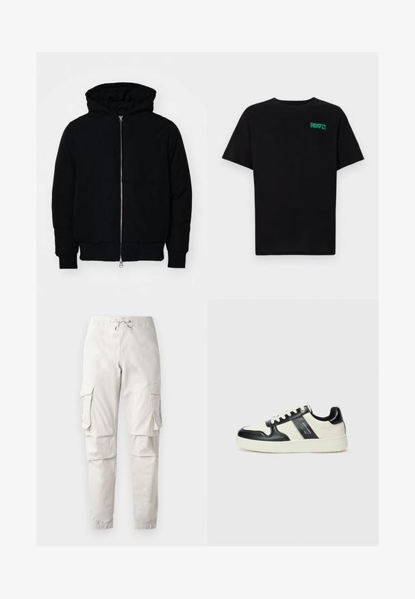 Veste à capuche noire avec fermeture éclair sur le devant, poche kangourou, poignets et ourlet côtelés, présentée sur un fond blanc uni.; T-shirt noir en coton à manches courtes. Présente un logo "ROOTS" vert sur le devant, un col rond et une coupe standard.; Pantalons cargo beige clair avec une taille élastique, un cordon de serrage, des poches latérales et des poignets fuselés. Fabriqués à partir d'un tissu lisse et léger.; Baskets en cuir avec un schéma de couleurs noir et crème, dotées d'accents perforés, d'un col rembourré et d'une semelle texturée.
