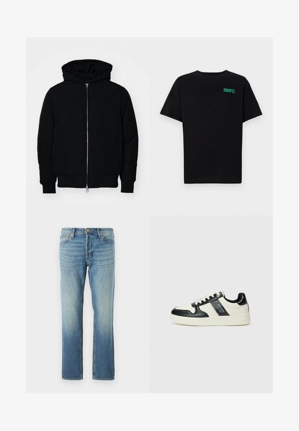 Jachetă neagră cu glugă, cu fermoar în față, buzunar tip kangaroo, mansete și tiv ribbed, prezentată pe un fundal alb simplu.; Tricou negru din bumbac, cu mâneci scurte. Prezintă un logo verde "ROOTS" pe față, guler rotund și o potrivire standard.; Jeans din denim bleu deschis cu un croi drept, având un finisaj uzat, cu nituri din cupru și un stil clasic cu cinci buzunare.; Tenisi din piele cu un scheme de culori negru și crem, dotati cu accente perforate, guler căptușit și o talpă texturată.