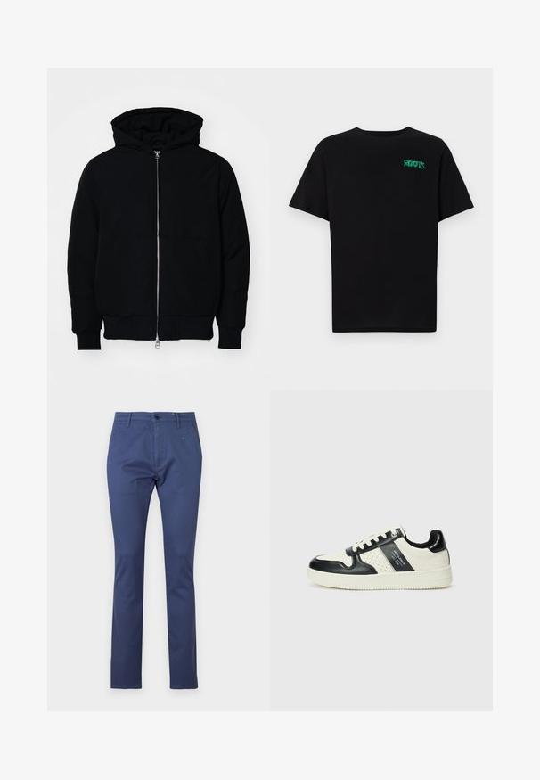 Crna kapuška jakna s prednjim zatvaračem, kenguru džepom, rebrastim manžetama i rubom, prikazana na običnoj bijeloj pozadini.; Crna majica kratkih rukava od pamuka. Na prednjem dijelu se nalazi zeleni "ROOTS" logo, okrugli izrez i standardni kroj.; Tamno plave hlače od pamuka, s ravnim krojem, prednjim džepovima, zatvaranjem na gumb i suptilnim detaljima šivanja.; Kožne tenisice s crno-bijelom paletom boja, koje imaju perforirane akcentne detalje, podstavljeni ovratnik i teksturiranu potplat.