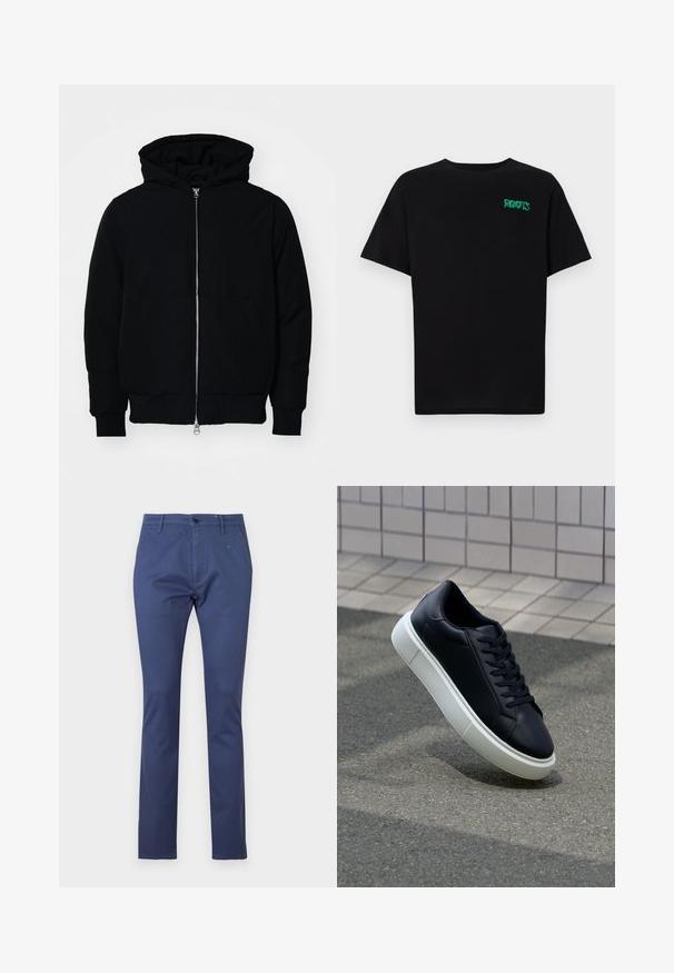 Black hooded jacket with front zipper, kangaroo pocket, ribbed cuffs, and hem, displayed on a plain white background.; Black t-shirt made of cotton with short sleeves. Features a green "ROOTS" logo on the front, round neckline, and standard fit.; Navy blue trousers made of cotton, featuring a straight leg design, front pockets, a button closure, and subtle stitching details.; Black leather sneaker with rounded toe and white rubber sole. Features flat laces and minimal stitching on the upper. Textured sole for grip.