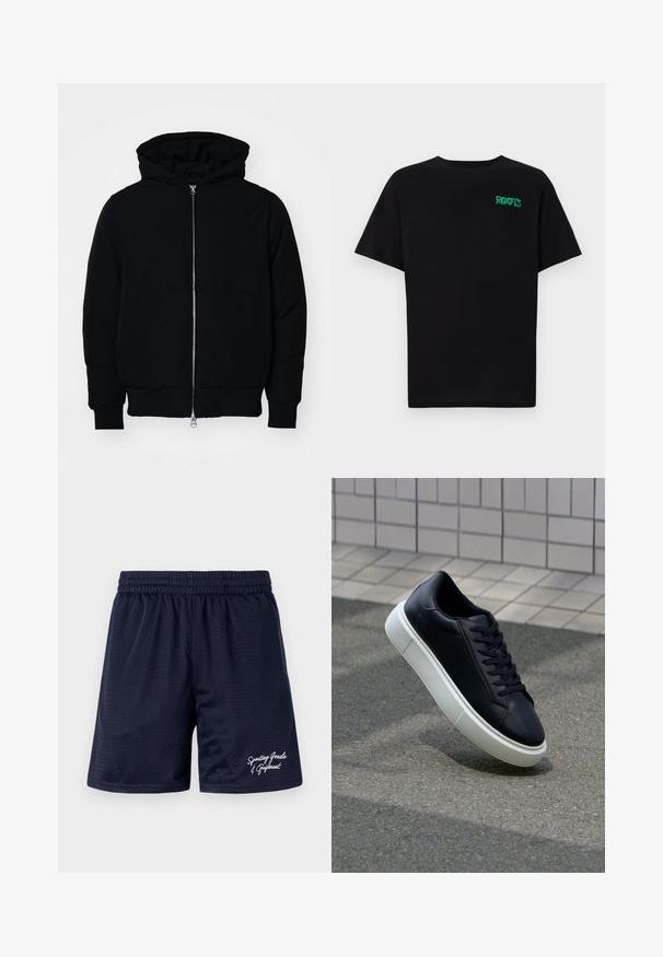 Black hooded jacket with front zipper, kangaroo pocket, ribbed cuffs, and hem, displayed on a plain white background.; Black t-shirt made of cotton with short sleeves. Features a green "ROOTS" logo on the front, round neckline, and standard fit.; Navy blue mesh sports shorts with an elastic waistband. Features white embroidered text "Sporting Goods & Equipment" on the lower right.; Black leather sneaker with rounded toe and white rubber sole. Features flat laces and minimal stitching on the upper. Textured sole for grip.