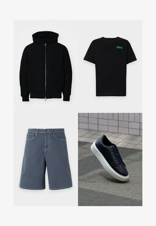 Veste à capuche noire avec fermeture éclair sur le devant, poche kangourou, poignets et ourlet côtelés, présentée sur un fond blanc uni.; T-shirt noir en coton à manches courtes. Présente un logo "ROOTS" vert sur le devant, un col rond et une coupe standard.; Shorts bleu foncé en coton avec des coutures blanches, cinq poches et un système de fermeture à bouton à la taille. Design à jambe droite, avec un minimum de détails.; Baskets noires en cuir avec bout arrondi et semelle en caoutchouc blanc. Elles présentent des lacets plats et une couture minimale sur la tige. Semelle texturée pour une bonne adhérence.