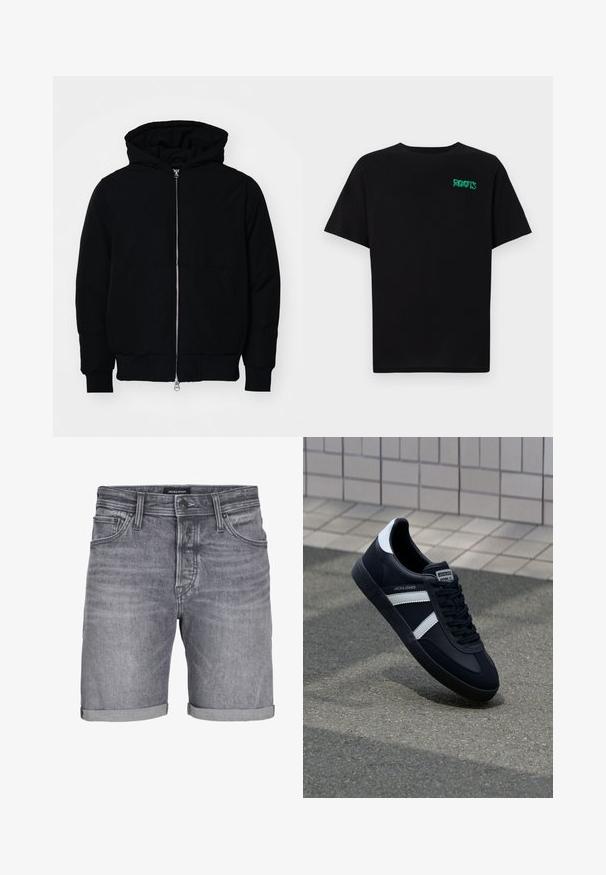 Juodas gobtuvėlis su priekiniu užtrauktuku, kengūros tipo kišene, lygiais rankogaliais ir apvadu, pateiktas ant vientiso balto fono.; Juodas medvilninis marškinėliai trumpomis rankovėmis. Priekyje yra žalias „ROOTS“ logotipas, apvalus iškirpimas ir standartinė prigludimo forma.; Pilki džinsiniai šortai su šiek tiek nusidėvėjusiu įvaizdžiu, turintys susuktą apatinę dalį, penkių kišenių dizainą ir mygtuko užsegimą. Žymė: JACK & JONES.; Juodas odinis sportinis batelis su baltais dryžiais, tekstūruota gumine padais ir raišteliais priekyje. Yra prekės ženklą žymintis etiketė ant liežuvio.