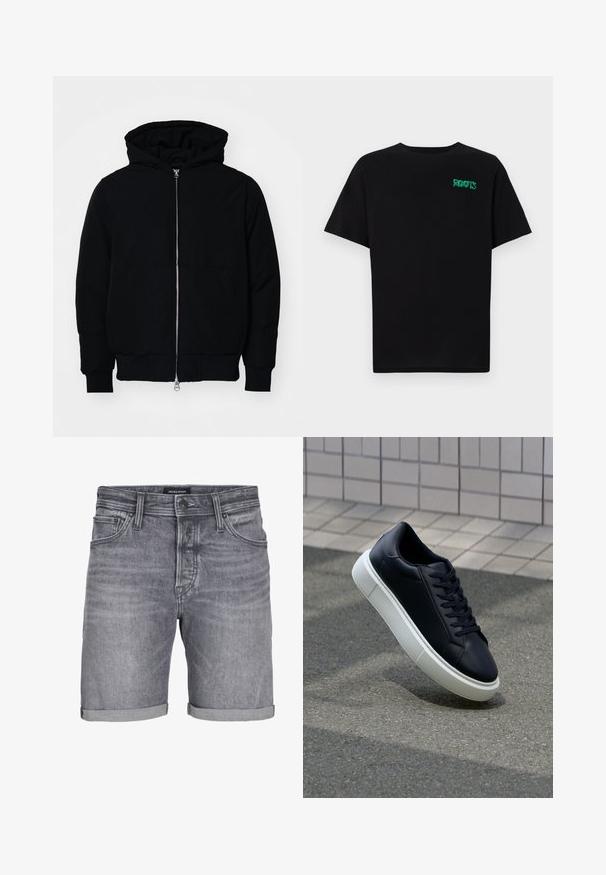 Juodas gobtuvėlis su priekiniu užtrauktuku, kengūros tipo kišene, lygiais rankogaliais ir apvadu, pateiktas ant vientiso balto fono.; Juodas medvilninis marškinėliai trumpomis rankovėmis. Priekyje yra žalias „ROOTS“ logotipas, apvalus iškirpimas ir standartinė prigludimo forma.; Pilki džinsiniai šortai su šiek tiek nusidėvėjusiu įvaizdžiu, turintys susuktą apatinę dalį, penkių kišenių dizainą ir mygtuko užsegimą. Žymė: JACK & JONES.; Juodas odinis sportbačius su apvaliu pirštu ir baltu gumuotu padu. Turi plokščias raišteles ir minimalų siuvimą viršuje. Padangos tekstūra užtikrina sukibimą.