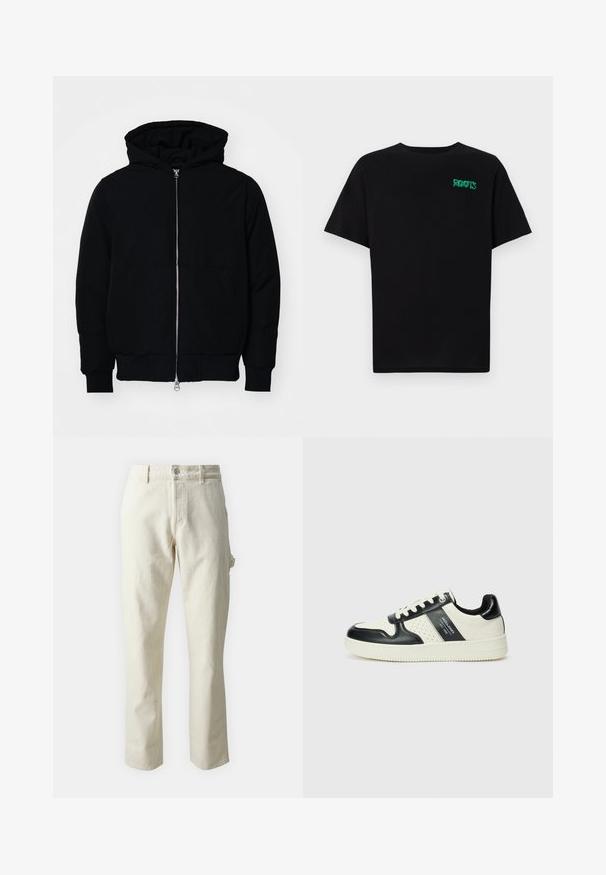 Black hooded jacket with front zipper, kangaroo pocket, ribbed cuffs, and hem, displayed on a plain white background.; Black t-shirt made of cotton with short sleeves. Features a green "ROOTS" logo on the front, round neckline, and standard fit.; Beige straight-leg trousers made of cotton with a soft texture, featuring a front button closure and side pocket detail.; Leather sneakers with a black and cream color scheme, featuring perforated accents, a padded collar, and a textured outsole.