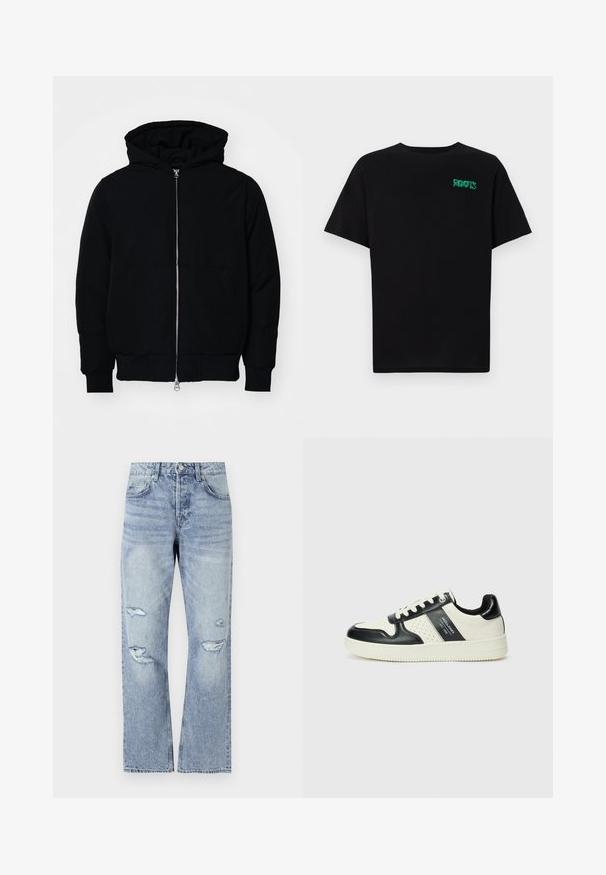 Sort hættejakke med frontlynlås, kængurulomme, ribbede manchetter og kant, præsenteret på en ensfarvet hvid baggrund.; Sort t-shirt lavet af bomuld med korte ærmer. Har et grønt "ROOTS" logo på forsiden, rund halsudskæring og almindelig pasform.; Lyseblå denim jeans med lige ben design, der har slidte huller ved knæene og en klassisk fem-lommer stil.; Lædersneakers i sort og creme farveskema, med perforerede detaljer, en polstret krave og en struktureret ydersål.