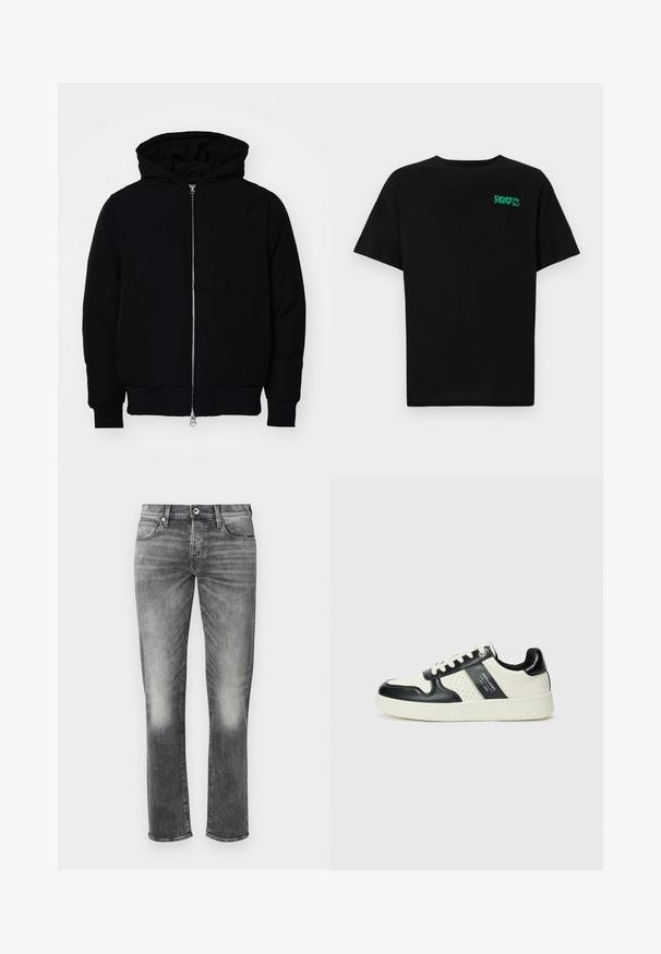 Zwarte hoodie met rits aan de voorkant, kangoeroe-pocket, geribbelde manchetten en zoom, weergegeven op een effen witte achtergrond.; Zwarte T-shirt van katoen met korte mouwen. Heeft een groen "ROOTS" logo op de voorkant, een ronde halslijn en een standaard pasvorm.; Grijze denim jeans met een rechte pijpdesign, voorzien van subtiele vervaging, vijf zakken en een knoopsluiting. Gelaagd stof met minimale stiksels.; Leren sneakers met een zwart en crèmekleurig kleurenschema, voorzien van geperforeerde accenten, een gevoerde kraag en een gestructureerde buitenzool.