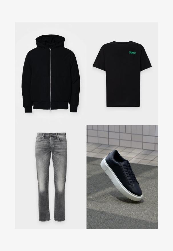 Mustaga kapuutsiga jakk, millel on esineed, kenguru tasku, soonikkoes, ja alläär, esitatud lihtsal valgel taustal.; Must t-särk, mis on valmistatud puuvillast, lühikeste varrukatega. Esipaneelil on roheline "ROOTS" logo, ümmargune kaelus ja tavapärane lõige.; Hallid denim teksad sirge jala kujundusega, millel on õrn pleekimine, viis taskut ja nööp sulgemine. Tekstuuritud kangas minimaalsete õmblustega.; Mustast nahast tennisetoss, millel on ümar nina ja valge kummist tall. Omab siredaid paelu ja minimaalset õmblemist ülemises osas. Tekstuuriga tald, mis tagab haakuvuse.