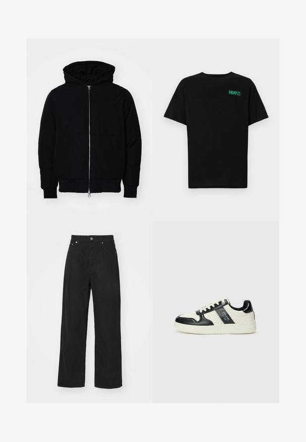 Black hooded jacket with front zipper, kangaroo pocket, ribbed cuffs, and hem, displayed on a plain white background.; Black t-shirt made of cotton with short sleeves. Features a green "ROOTS" logo on the front, round neckline, and standard fit.; Black denim trousers with a straight leg design, featuring five pockets, a button closure, and a classic waistband. Smooth texture.; Leather sneakers with a black and cream color scheme, featuring perforated accents, a padded collar, and a textured outsole.