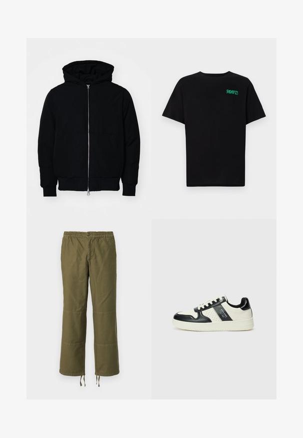 Mustaga kapuutsiga jakk, millel on esineed, kenguru tasku, soonikkoes, ja alläär, esitatud lihtsal valgel taustal.; Must t-särk, mis on valmistatud puuvillast, lühikeste varrukatega. Esipaneelil on roheline "ROOTS" logo, ümmargune kaelus ja tavapärane lõige.; Olive rohelised, laiad püksid, mis on valmistatud puuvillast, elastse vöökoha, nööbithõlma ning kontrastsete plaastridetailidega põlvedel.; Nahatud nahkkingad musta ja kreemi värviskeemiga, millel on perforeeritud aktsendid, pehme krae ja tekstureeritud tallad.