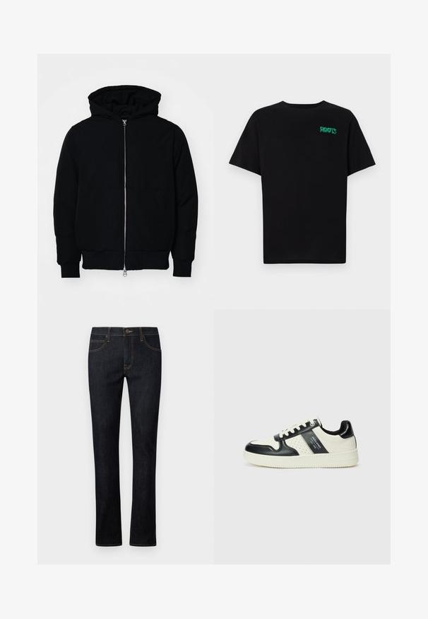 Svart hettejakke med frontglidelås, kengurulomme, ribbestrikket mansjetter og søm, vist på en ensfarget hvit bakgrunn.; svart t-skjorte laget av bomull med korte ermer. Har et grønt "ROOTS"-logo på forsiden, rund halsutringning og standard passform.; Mørkeblå denimjeans med rett benåpning, med oransje søm, fem-lommer design og knappelukking foran.; Lædersneakers med sort og creme farveskema, der har perforerede detaljer, en polstret krave og en struktureret ydersål.