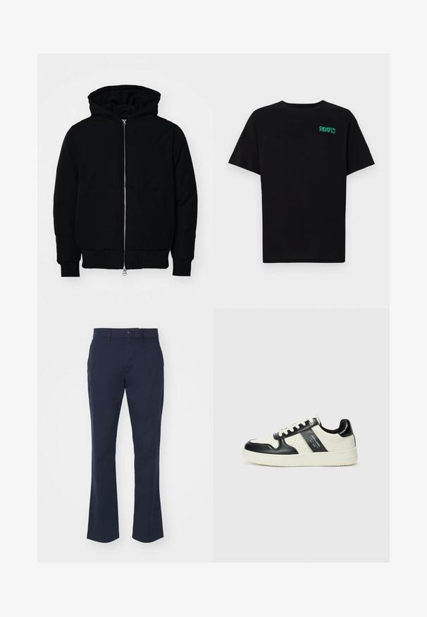 Veste à capuche noire avec fermeture éclair sur le devant, poche kangourou, poignets et ourlet côtelés, présentée sur un fond blanc uni.; T-shirt noir en coton à manches courtes. Présente un logo "ROOTS" vert sur le devant, un col rond et une coupe standard.; Pantalon navy en tissu coton mélangé, avec une coupe droite, une taille standard avec fermeture à bouton et des poches latérales.; Baskets en cuir avec un schéma de couleurs noir et crème, dotées d'accents perforés, d'un col rembourré et d'une semelle texturée.