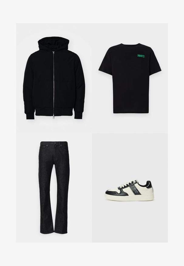 Juodas gobtuvėlis su priekiniu užtrauktuku, kengūros tipo kišene, lygiais rankogaliais ir apvadu, pateiktas ant vientiso balto fono.; Juodas medvilninis marškinėliai trumpomis rankovėmis. Priekyje yra žalias „ROOTS“ logotipas, apvalus iškirpimas ir standartinė prigludimo forma.; Juodi džinsai su tiesiu kirpimu, penkių kišenių dizainu ir sagos uždarymu; pasižymi subtilia tekstūra ir minimaliais siuvinėjimo akcentais.; Odiniai sportbačiai juodos ir kreminės spalvų schemoje, su perforuotais akcentais, paminkštinta apykakle ir tekstūruotu padu.