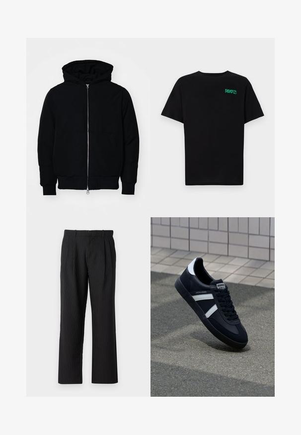 Giacca nera con cappuccio, dotata di zip frontale, tasca a marsupio, polsini e orlo a coste, esposta su uno sfondo bianco semplice.; T-shirt nera in cotone con maniche corte. Presenta un logo verde "ROOTS" sulla parte frontale, colletto rotondo e vestibilità standard.; Jack & Jones JPSTBILL JJDAYTONA WIDE - Pantaloni - black; Sneaker neri in pelle con strisce bianche, suola in gomma texturizzata e allacciatura frontale. Presenta un'etichetta con il marchio sulla linguetta.