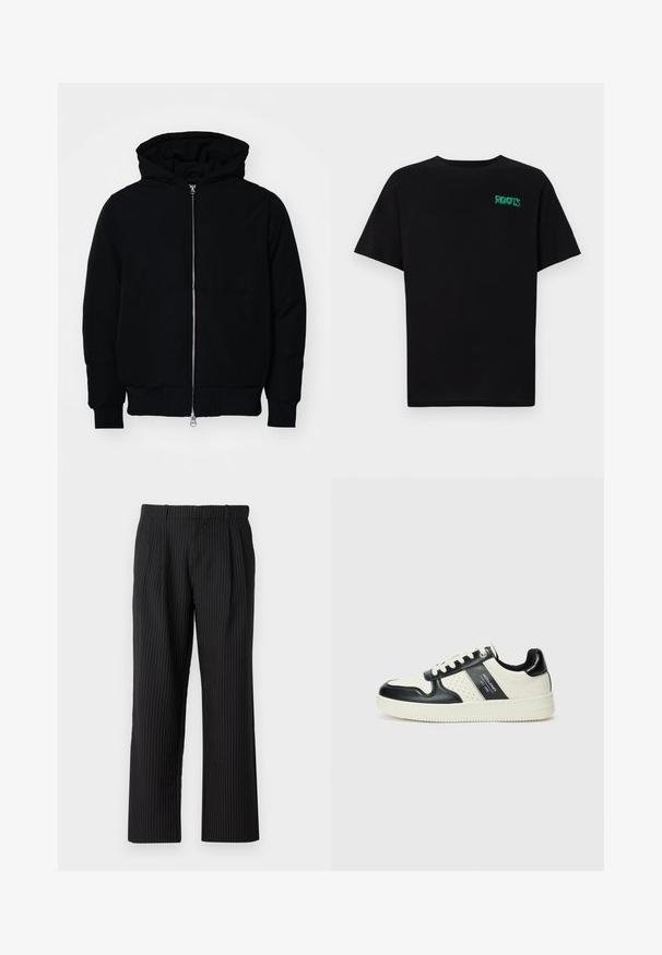 Black hooded jacket with front zipper, kangaroo pocket, ribbed cuffs, and hem, displayed on a plain white background.; Black t-shirt made of cotton with short sleeves. Features a green "ROOTS" logo on the front, round neckline, and standard fit.; Jack & Jones JPSTBILL JJDAYTONA WIDE - Trousers - black; Leather sneakers with a black and cream color scheme, featuring perforated accents, a padded collar, and a textured outsole.