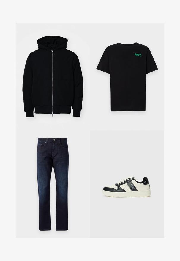 Juodas gobtuvėlis su priekiniu užtrauktuku, kengūros tipo kišene, lygiais rankogaliais ir apvadu, pateiktas ant vientiso balto fono.; Juodas medvilninis marškinėliai trumpomis rankovėmis. Priekyje yra žalias „ROOTS“ logotipas, apvalus iškirpimas ir standartinė prigludimo forma.; Tamsiai mėlynos džinsinės kelnės tiesiu kirpimu, turinčios dvi priekinės kišenes, vieną monetų kišenę ir mygtuko užsegimą. Šiek tiek išblukusi tekstūra.; Odiniai sportbačiai juodos ir kreminės spalvų schemoje, su perforuotais akcentais, paminkštinta apykakle ir tekstūruotu padu.