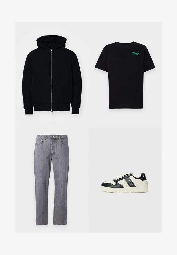 Veste à capuche noire avec fermeture éclair sur le devant, poche kangourou, poignets et ourlet côtelés, présentée sur un fond blanc uni.; T-shirt noir en coton à manches courtes. Présente un logo "ROOTS" vert sur le devant, un col rond et une coupe standard.; Jean en denim gris avec un design à jambe droite, cinq poches, une fermeture à bouton et un effet de frottement subtil sur la texture du tissu.; Baskets en cuir avec un schéma de couleurs noir et crème, dotées d'accents perforés, d'un col rembourré et d'une semelle texturée.