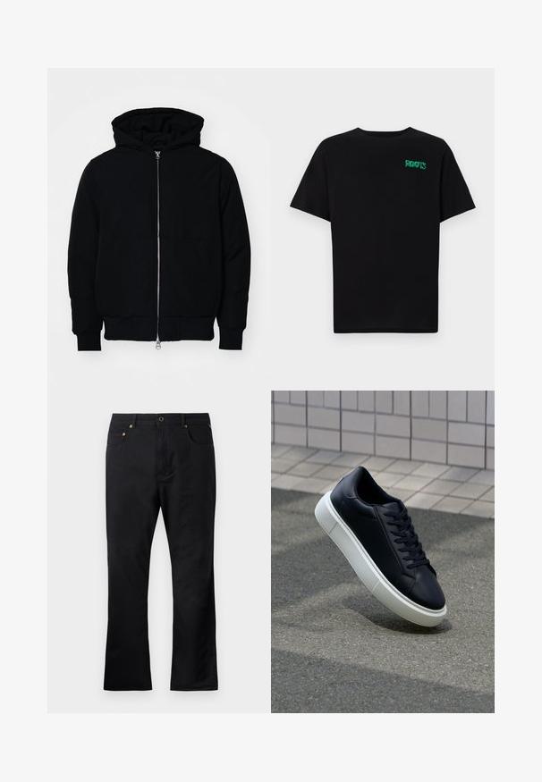 Zwarte hoodie met rits aan de voorkant, kangoeroe-pocket, geribbelde manchetten en zoom, weergegeven op een effen witte achtergrond.; Zwarte T-shirt van katoen met korte mouwen. Heeft een groen "ROOTS" logo op de voorkant, een ronde halslijn en een standaard pasvorm.; Zwarte denim broek met een rechte pasvorm, voorzien van voorzakken, een knoopsluiting en accenten in goudkleurige hardware. Gladde textuur.; Zwarte leren sneaker met een ronde neus en een witte rubberen zool. Voorzien van platte veters en minimale stiksels op het bovenwerk. Textuurrijke zool voor grip.