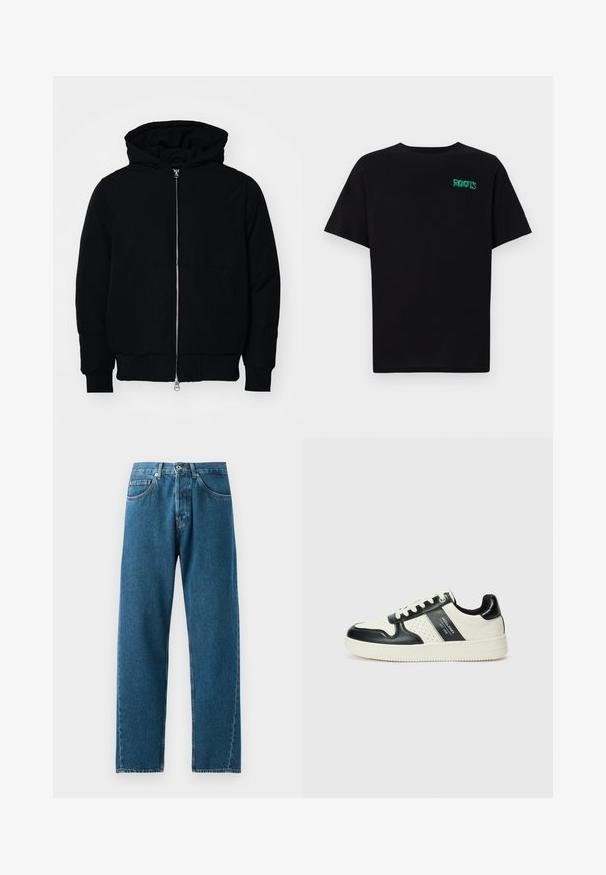 Giacca nera con cappuccio, dotata di zip frontale, tasca a marsupio, polsini e orlo a coste, esposta su uno sfondo bianco semplice.; T-shirt nera in cotone con maniche corte. Presenta un logo verde "ROOTS" sulla parte frontale, colletto rotondo e vestibilità standard.; Jeans in denim blu con un design a gamba dritta, cinque tasche e passanti per cintura. Il tessuto presenta una sottile trama e zone sbiadite nelle tasche.; Sneakers in pelle con una combinazione di colori nero e crema, dotati di dettagli perforati, collare imbottito e suola testurizzata.