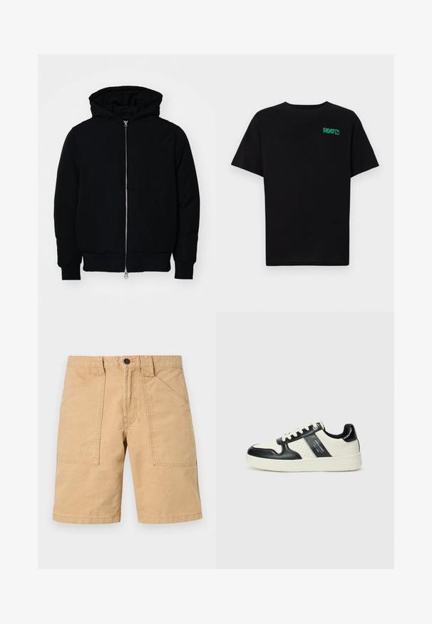 Svart huoodiejacka med framdragkedja, känguruficka, ribbade ärmslut och nederkant, uppställd mot en vit bakgrund.; Svart t-shirt i bomull med korta ärmar. Har en grön "ROOTS" logotyp på framsidan, rund halsringning och standard passform.; Khaki shorts i bomull med en grov textur, med två framfickor och en knappstängning i midjan.; Läder sneakers med en svart och krämfärgad färgsättning, med perforerade detaljer, en vadderad krage och en strukturerad yttersula.