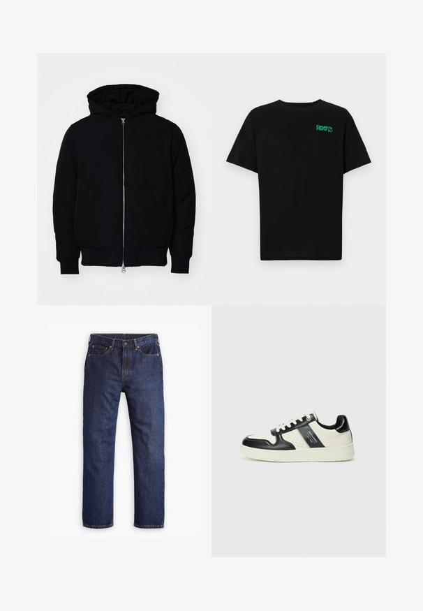 Svart hettejakke med frontglidelås, kengurulomme, ribbestrikket mansjetter og søm, vist på en ensfarget hvit bakgrunn.; svart t-skjorte laget av bomull med korte ermer. Har et grønt "ROOTS"-logo på forsiden, rund halsutringning og standard passform.; Mørkeblå straight-leg denimjeans med frontknapp, glidelås, fem lommer og detaljer med kobbernitter.; Lædersneakers med sort og creme farveskema, der har perforerede detaljer, en polstret krave og en struktureret ydersål.