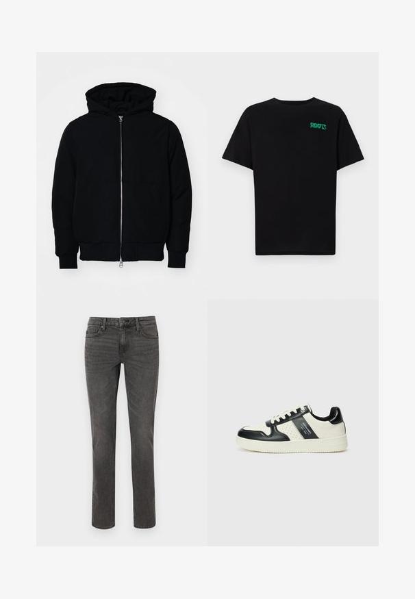 Chaqueta negra con capucha, cierre frontal, bolsillo tipo canguro, y puños y dobladillo acanalados, exhibida sobre un fondo blanco liso.; Camiseta negra de algodón con mangas cortas. Presenta un logo verde "ROOTS" en el frente, escote redondo y corte estándar.; Vaqueros de mezclilla gris con corte recto, detalles cosidos, cinco bolsillos y cierre de botón metálico en la cintura.; Zapatillas de cuero con un esquema de colores negro y crema, que cuentan con acentos perforados, un collar acolchado y una suela texturizada.